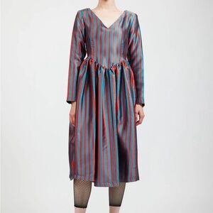 Batsheva Teal & Red Striped V-Neck Midi Dress